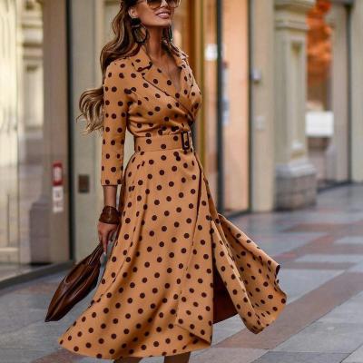 China ZC00419 Pleated Skirt Women Polka Dot Corset Long Sleeve Elegant Printing Sundress Anti-Static Factory Customized for sale