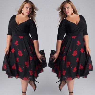 China Anti-wrinkle Dropshiping 5XL sexy plus size floral print casual Midi dresses for women floral v-neck miss wholesale dress for sale