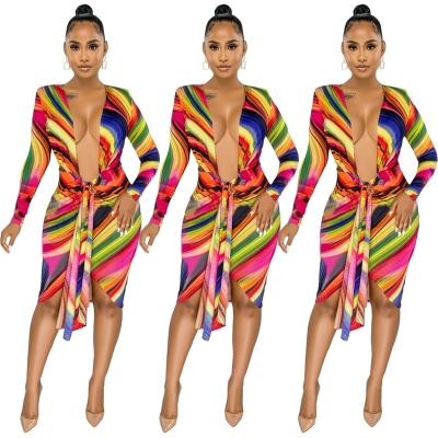 China 2022 new fashion ladies v neck long sleeve rainbow printing ladies summer modern deep v neck long sleeve anti-static sexy dresses for sale