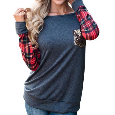 China Anti-pilling Plaid Color Patch Around Neck Women Pocket Shirt Warmer Shirt With Sequin Pocket Long Sleeve Shirts for sale