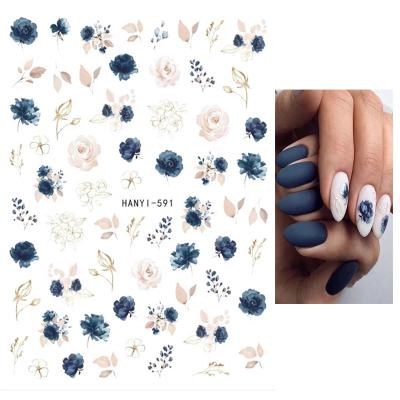 China Back Glue Nail Art Watercolor Royalblue White Flower Decals Nail Salon Nail Decals For Nail Art Manicure for sale