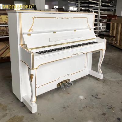 China Mechanical Baroque Style Curved Legs Carved White Glossy Upright Piano With Gold Rim Decors for sale