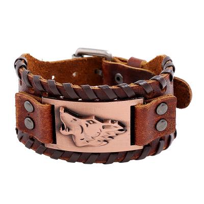 China CLASSIC 2020 New Fashion Punk Style Wolf Head Charm Genuine Leather Bracelet Vintage Hand Made For Men's Accessories for sale