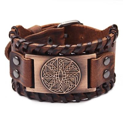 China 2020 New Fashion CLASSIC Viking Punk Warriors Genuine Leather Bracelet Engraved Decor Irish Magic Men's Circle Accessories for sale