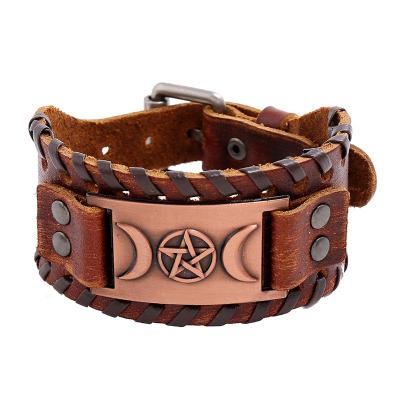 China New Viking Warriors CLASSIC Handcrafted Double Star Moon Genuine Leather Bracelet For Men's Accessories for sale