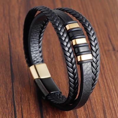 China CLASSIC 2020 new european and american light brown brown braid black punk leather bracelets for men cool stainless steel bracelets men for sale