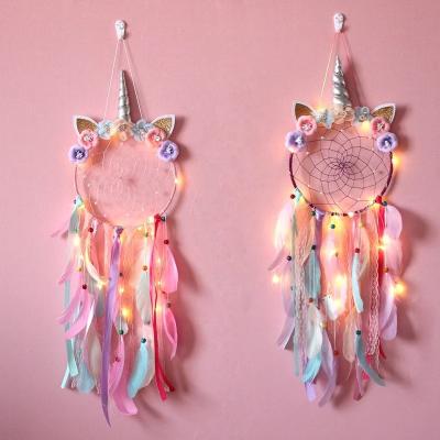 China CLASSIC DIY Home Decoration DIY Dreamcatcher LED Lighting Moon Design Feather Handmade Craft Hanging Dream Hook 2020 European American for sale