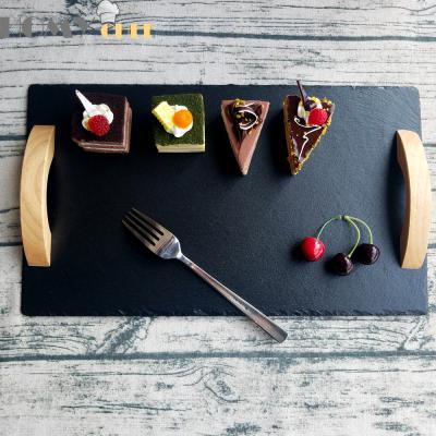 China Sustainable Restaurant Use Design 43X25cm Slate Serving Tray With Wooden Handle for sale