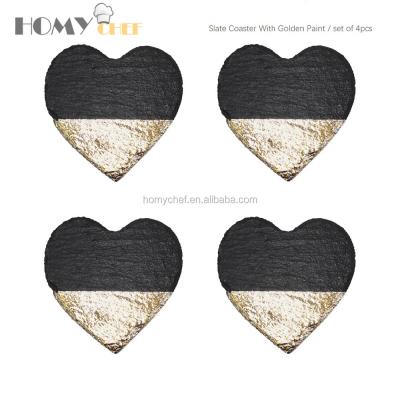 China Sustainable 10cm Heart Shaped Natural Edge Black Slate Coasters With Gold Painting for sale