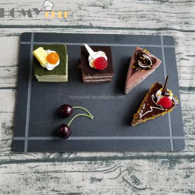 China Sustainable Factory Restaurant Direct Supply 30x20cm Black Slate Dishes With Cut Edge And 4 Engraved Line for sale