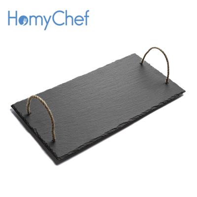 China Sustainable Specializing Hot Products 40x20cm Rectangle Black Slate Serving Tray With Jute Handles for sale