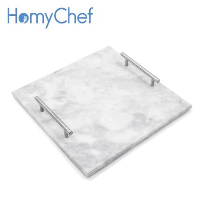 China Serving Tray White and Gray Marble Rectangle Homychef Cheese Tray with Silver/Rose Gold Handle for sale