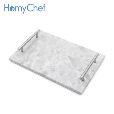 China Sustainable Manufactured New Style Natural Marble Dessert Serving Tray 30*20cm With Stainless Steel Handles for sale