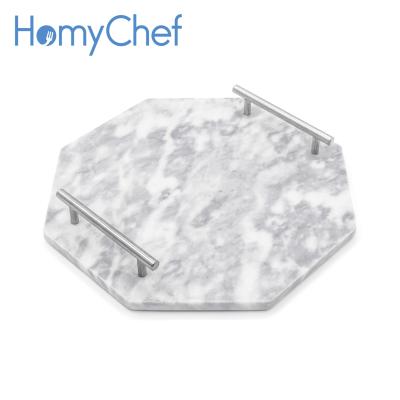 China Sustainable Manufactured New Style Natural Marble Dessert Serving Tray 30*30cm With Stainless Steel Handles for sale