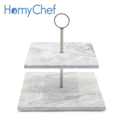 China Sustainable Natural Stone Fabricated Square Popular 25cm 20cm Marble Cake Stand With Silver Handle for sale