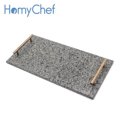 China Sustainable factory new modern natural granite rectangle serving tray with stainless steel handles 40*20cm for sale