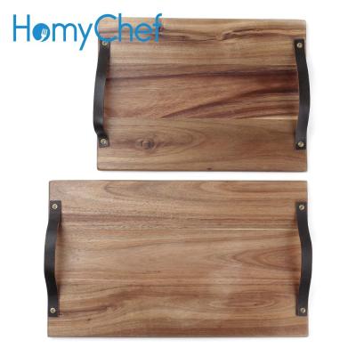 China Eco-friendly Disposable Food Safe Acacia Wood Serving Board With PU Leather Handles For Food for sale