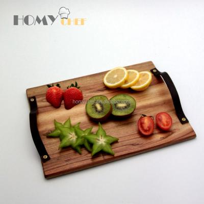 China Kitchenware Acacia Wood Serving Tray 38x23cm Rectangle Wood Tray With Leather Handle for sale