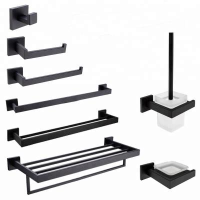 China Modern Bathroom Hardware Set Black Robe Hook Towel Rail Rack Shelf Paper Holder Toothbrush Holder Bathroom Accessories for sale