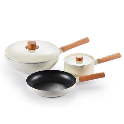 China Non-Stick Wok Pan Frying Pan Pots Milk Cookware Set Aluminum Non Stick Viable 3pcs Set for sale