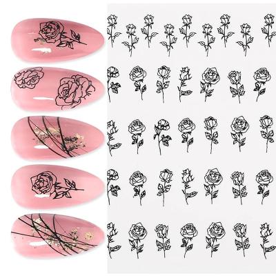 China Nail Cosmetics Flowers Nail Decals, Self Adhesive Black White Nail Art Design 3D Rose Flower Manicure Nail Stickers French Hollow for sale