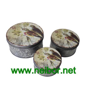 China Vintage look antique finish round galvanized tin box set with label for sale