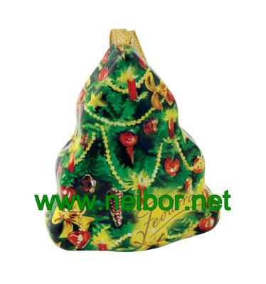 China christmas tree shape chocolate tin box with hanging ribbon for sale