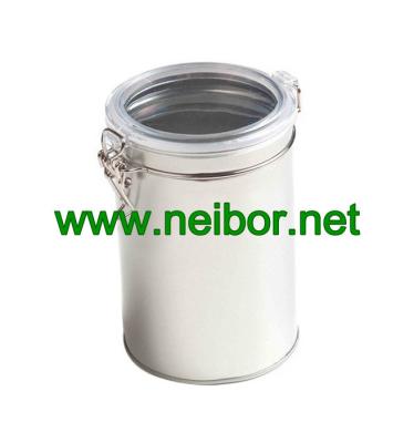 China Round tin jar with clear plastic see-through lid and metal clasp for sale