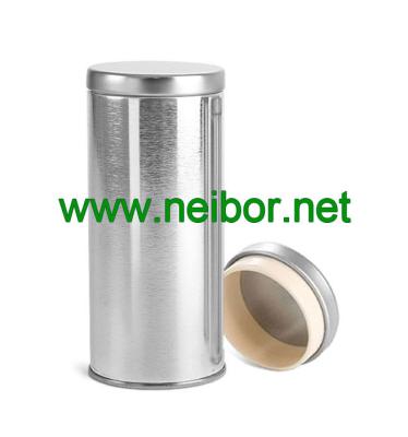 China silver round tea tin container with airtight plastic seal lid for sale