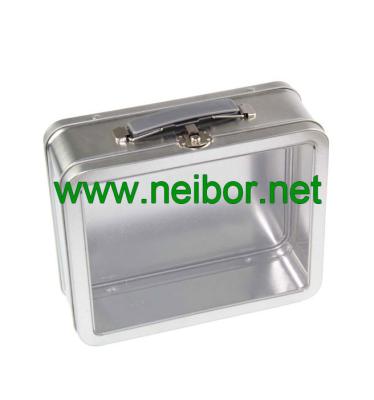 China Large Silver Tin Lunch Box with clear window for sale