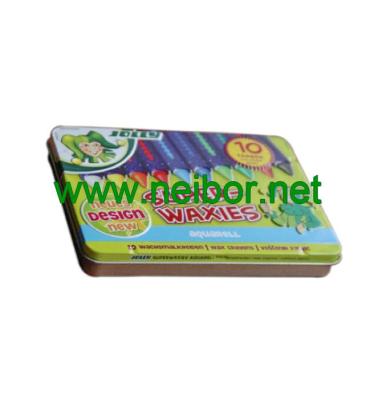 China 10pcs wax crayons packaging tin box with plastic tray and hinged lid for sale