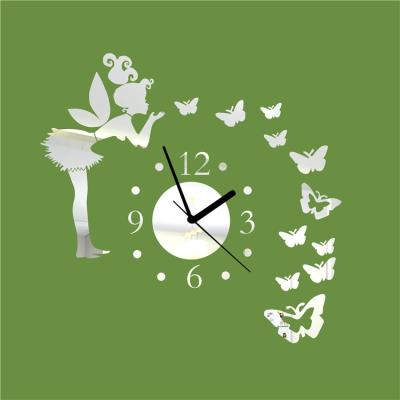 China Creative Wall Watch 3d Mirror Sticker Aynali Saat Fairy Cartoon Motion Wall Sticker Silent Clock for sale