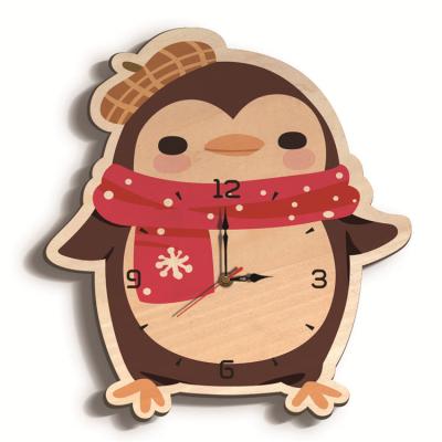 China Custom Novelty KOREAN Wall Clocks 3d Clock Cartoon Diy Wooden Penguin Relojes Para Pared for sale