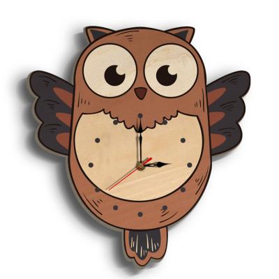 China Cute Owl Children's Room Wall Clock Wooden Wall Clock Printing 3d Cartoon Creative Owl saatleri duvar for sale