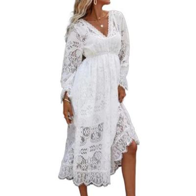 China Newly Designed Anti-Static V-Neckline White Lace Ruffles Sleeve High-waisted Flared A-Word Casual Dress for sale