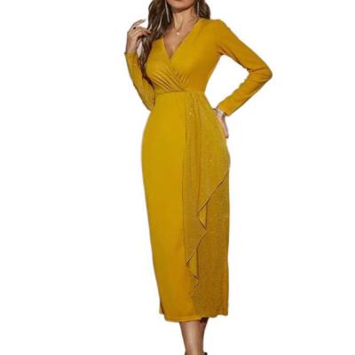 China 2021 New Anti-Wrinkle V-Neckline Long Sleeve Contrast Sequins Pleated Front Trimming Elegant Dress For Women for sale