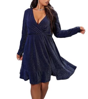 China Hot Selling Anti Wrinkle Anti Wrinkle Customized Plus Size Sparkle Surplice V Neck Ruffle Edge Royal Blue Dress For Women for sale