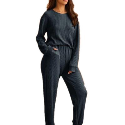 China 2021 NEW Thermal Thermal Solid Color Round Neck Waffle Knit Casual And Comfortable Loungewear Sets For Women for sale