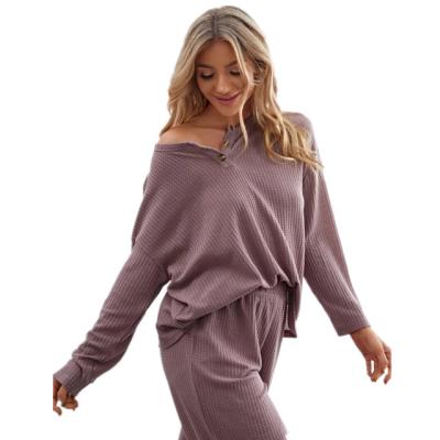 China High quality loose thermal waffle button knit casual and comfortable solid color loungewear sets for women for sale