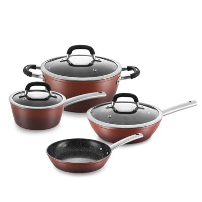 China Commercial Wholesale Minimalist Cooking Set Forged Aluminum Cookware Gradient Color Ceramic Coating Cookware Sets With SS Handle for sale