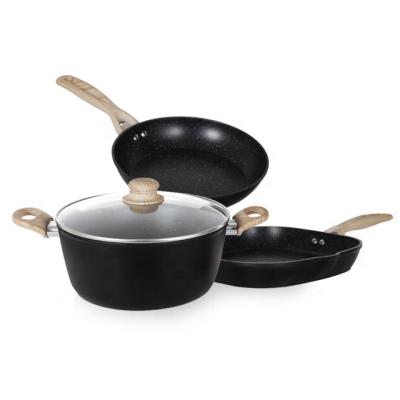 China Maifan Viable Hot Sale Stone Kitchenware Nonstick Aluminum Marble Coating Cookware Set With Soft Touch Wooden Handle for sale