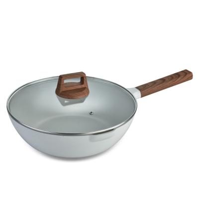 China Best viable wholesale price non-stick pressed aluminum fry pan with wooden handle and aluminum lid multifunctional frying pan for sale