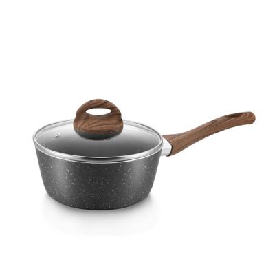 China Cheapest viable factory directly aluminum forged marble cookware sets non-stick cooking sauce pan with wood handle for sale