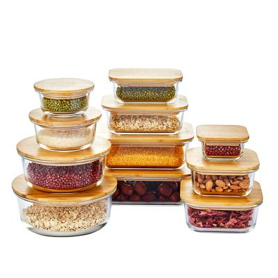 China Pyrex Sustainable Home Square High Borosilicate Glass Food Container Set With Bamboo Wood Lid for sale