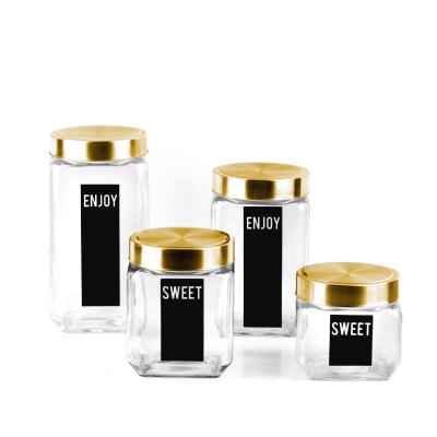 China Freshness Preservation 1500Ml 2000Ml Labels Square 4Pcs Glass Storage Jar Set With Gold Stainless Steel Tin Lid for sale