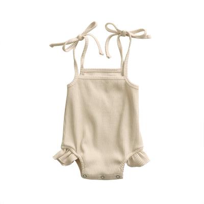 China Latest Solid Color Spandex / Cotton Tie Strap Cotton Girl Ribbed Baby Clothes Romper for sale