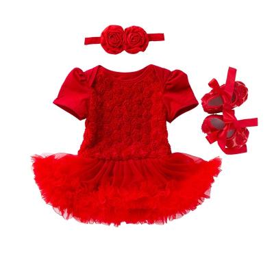 China Cute Lovely ChengXi Girl's Short Sleeve Rose Infant Dress Baby Romper Dress Headband And Shoes 3pcs Sets for sale