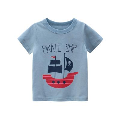 China Pirate Ship Fashion Cartoon Anti Shrink Blue Boys Short Sleeve T Shirt Kids Clothes for sale