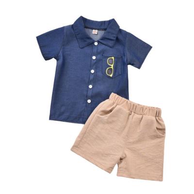 China 2021 Casual Kids Sets Short Sleeve Solid Color Single Breasted Print Shirt Label Collar Tops Shorts Suit 2PCS Baby Boy Bottom Clothes for sale