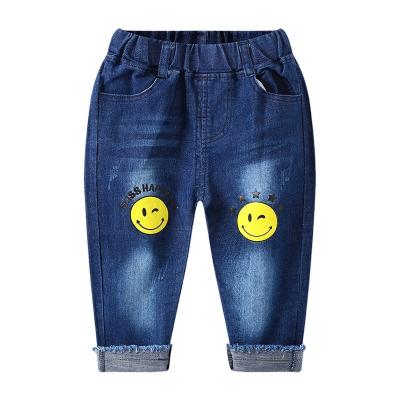 China ChengXi Breathable Baby Pants Children's Jeans Cartoon Smiley Face Print Rolled Hem Leg Stretch Jeans for sale